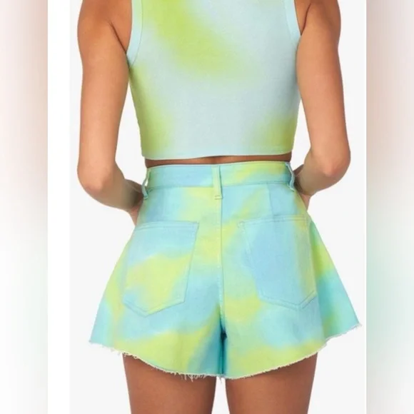 NEW WeWoreWhat Flare Bell High Waisted Tie Dye Shorts in Blue & Green Sz 27 NWT - Picture 3 of 9